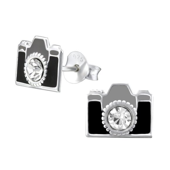 Sterling Silver Black Enamel Camera Stud Earrings - Picture 1 of 10